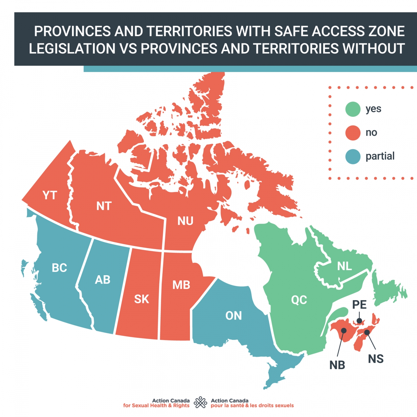 Chart of Provinces and territories with safe access zone legislation vs those without