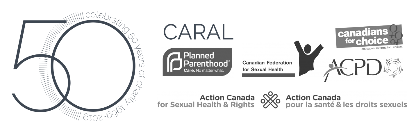 Logo with 50 years of Charity sign and Action Canada's predecessor organizations: CARAL, Planned Parenthood Federation of Canada, Canadian Federation for Sexual Health, Action Canada for Population and Development (ACPD), and Canadians for Choice