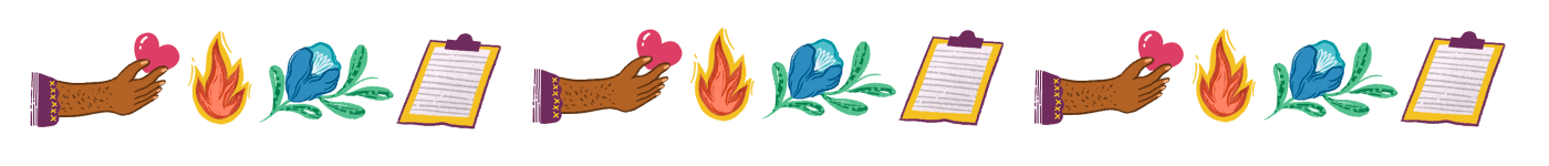 A series of colour icons in a row, including a flame, a hand holding a heart, a clipboard, and a blue flower.