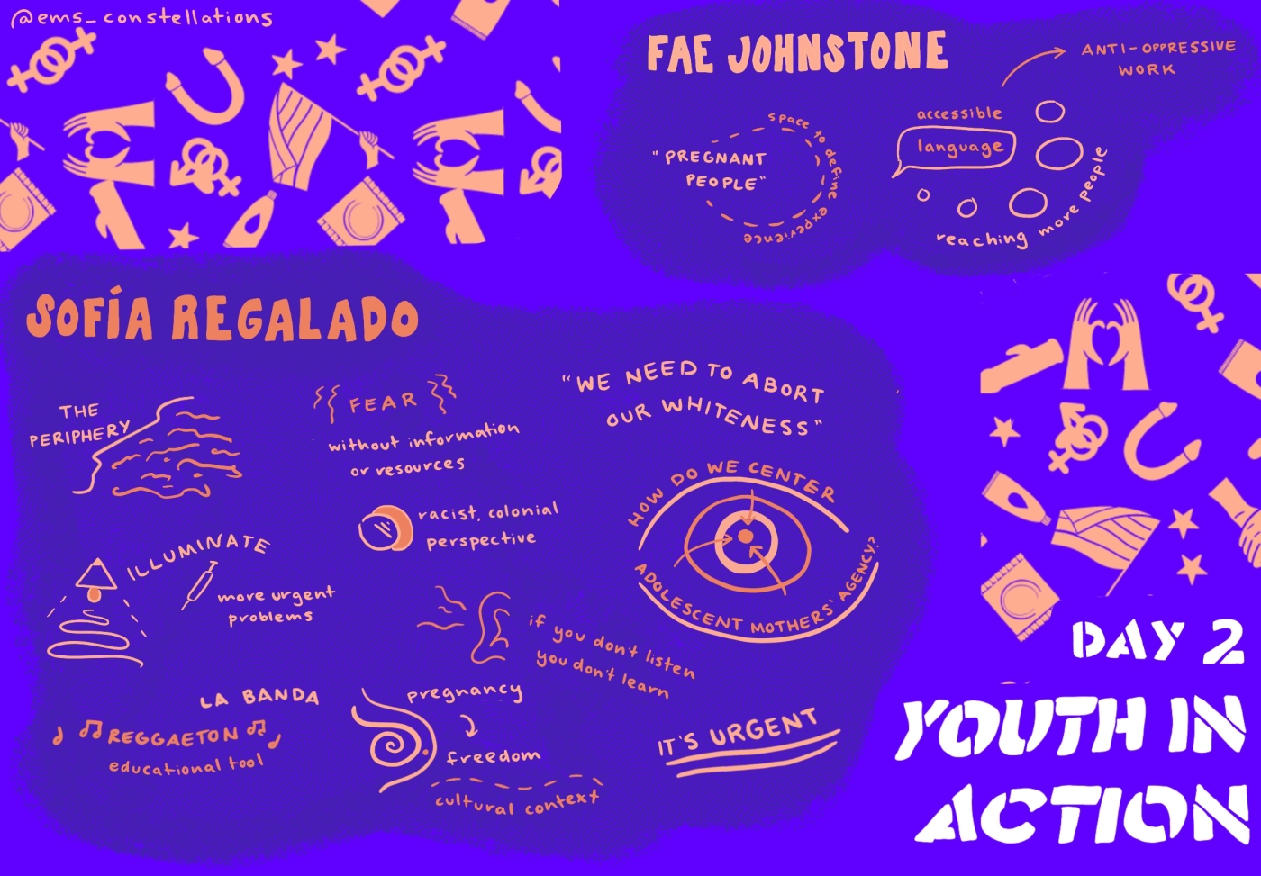 Visual brainstorm of Youth in Action Day 2 in purple and orange. Writing and doodles outline the concepts introduced by Fae Johnstone and Sofia Regalado, including anti-oppression, accessible language, cultural context, and colonialism in relation to SRHR.