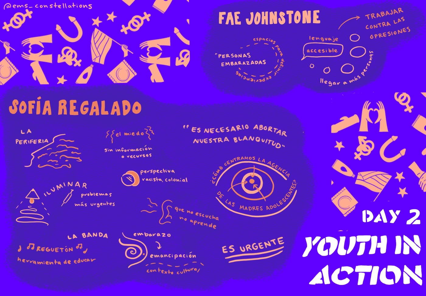 Representación visual de la tormenta de ideas del segundo día de Juventud en Acción en violeta y anaranjado. Texto y garabatos refieren a los conceptos que presentaron Fae Johnstone y Sofía Regalado: “anti-opresión”, “lenguaje accesible”, “contexto cultural” y “colonialismo” en relación a SDSR.