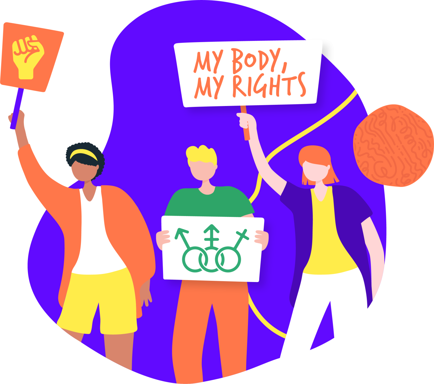 Three people hold signs advocating for SRHR against a purple background. One sign reads, "My body, my rights."