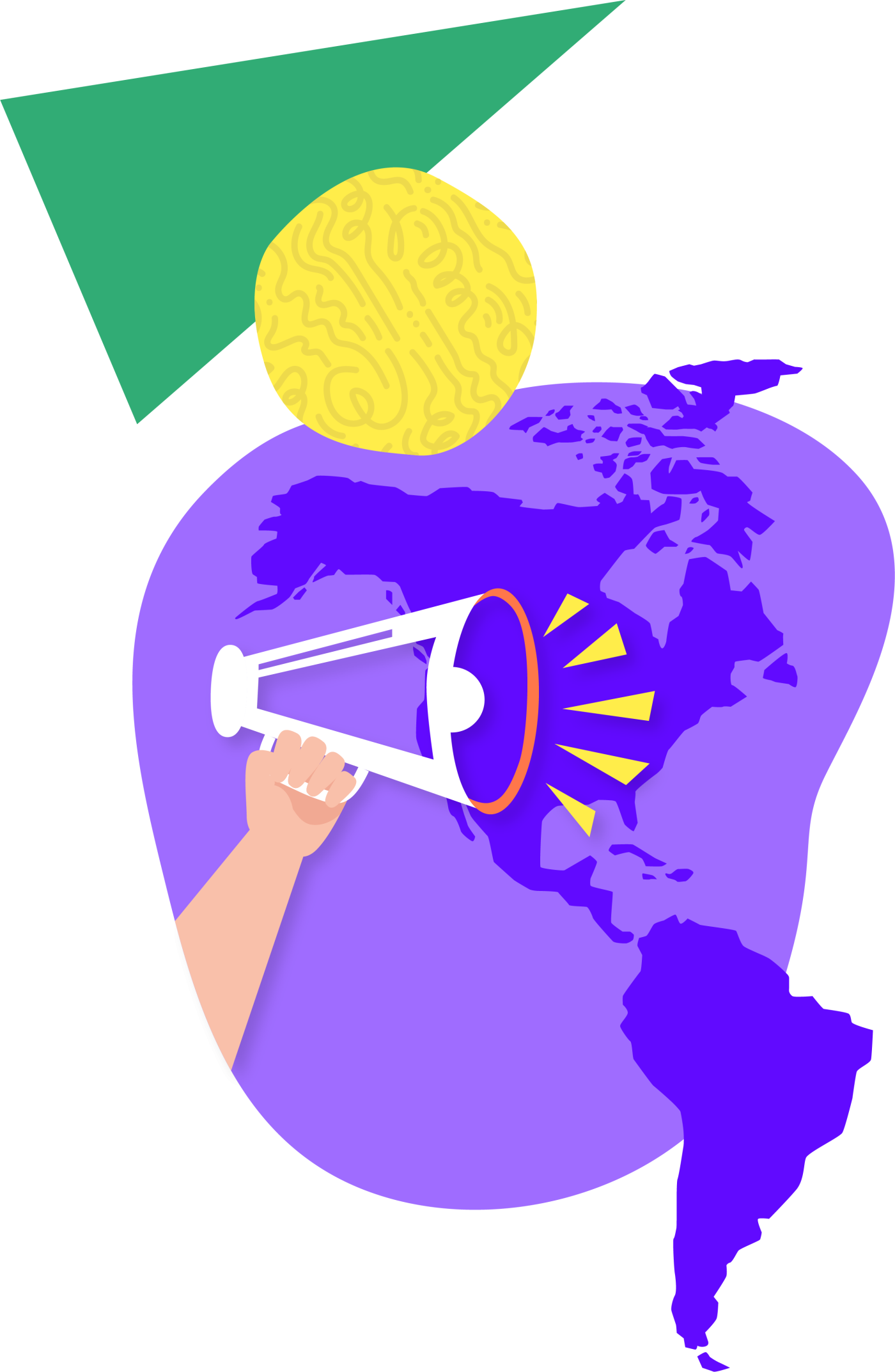 Una mano sostiene un megáfono frente a un mapa violeta del continente americano