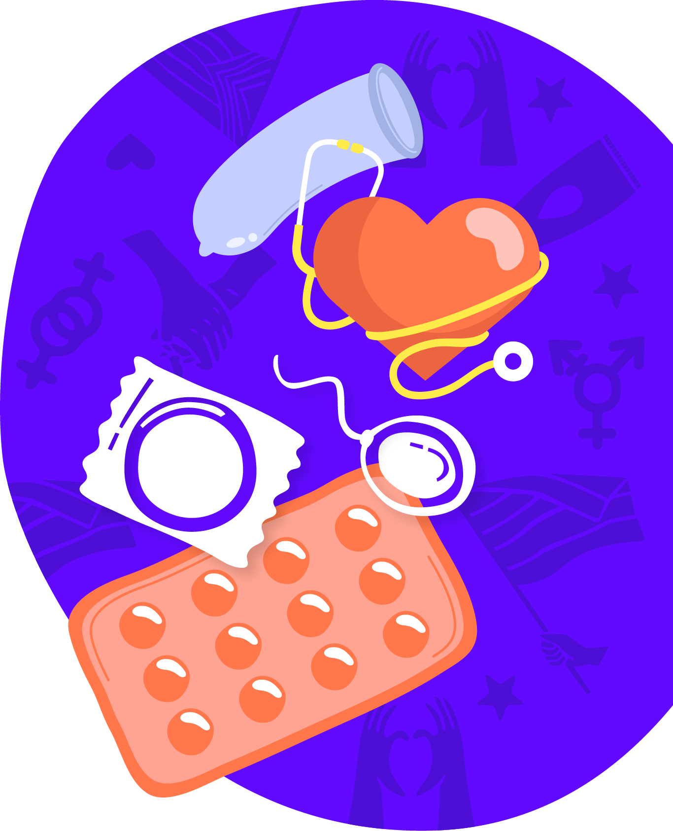 Una esfera violeta con varios íconos de salud sexual incluyendo los de control de nacimientos, condones y un corazón envuelto en un estetoscopio