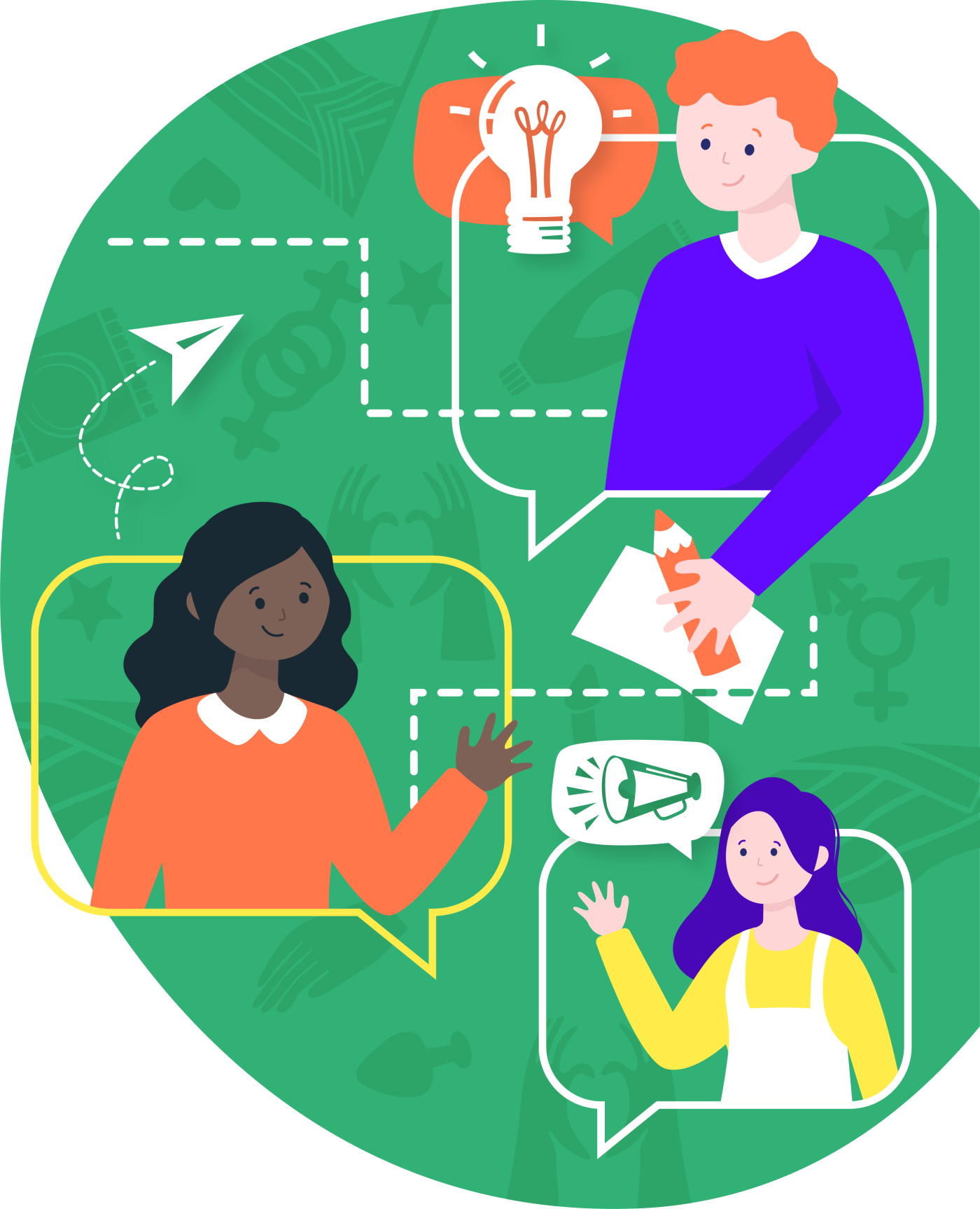 Three people communicate with each other and are connected with symbols of communication against a green background with a SRHR pattern.