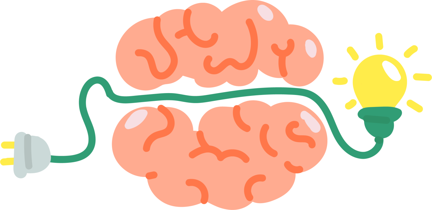Illustration of a brain with a cord running through it. At the end of the cord, a light bulb lights up.