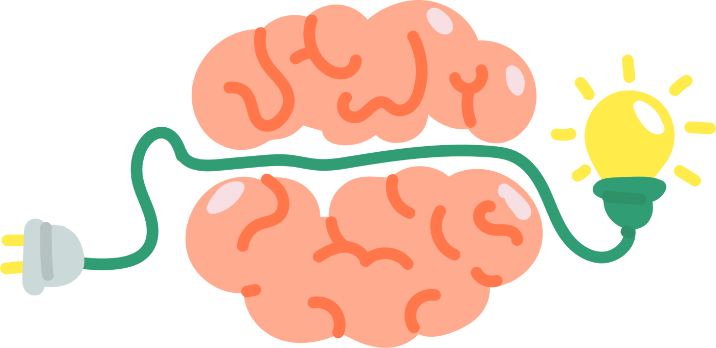 Un cerveau traversé par un cordon se terminant par une ampoule illuminée.