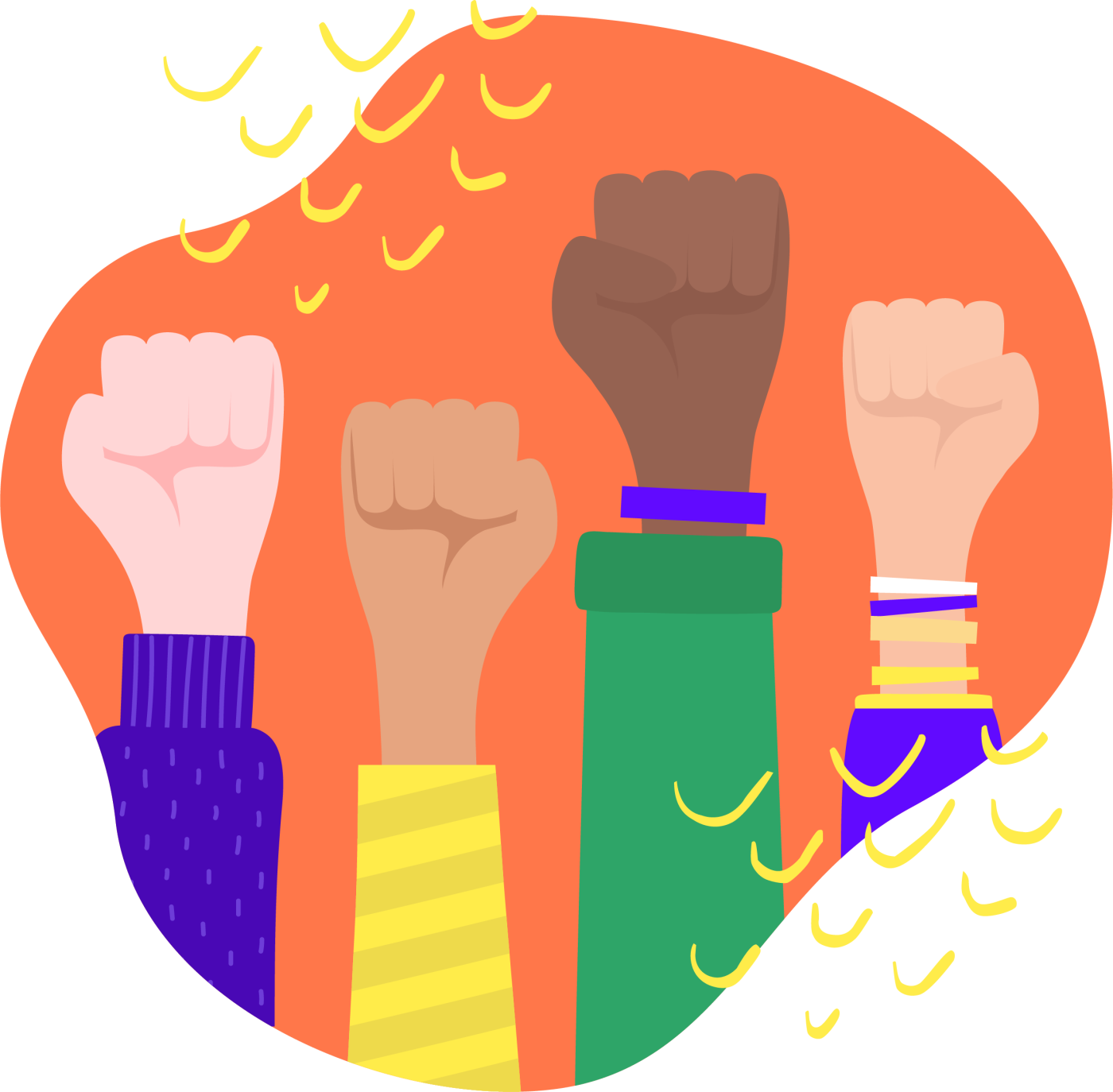 Four fists are raised in solidarity against an orange background.