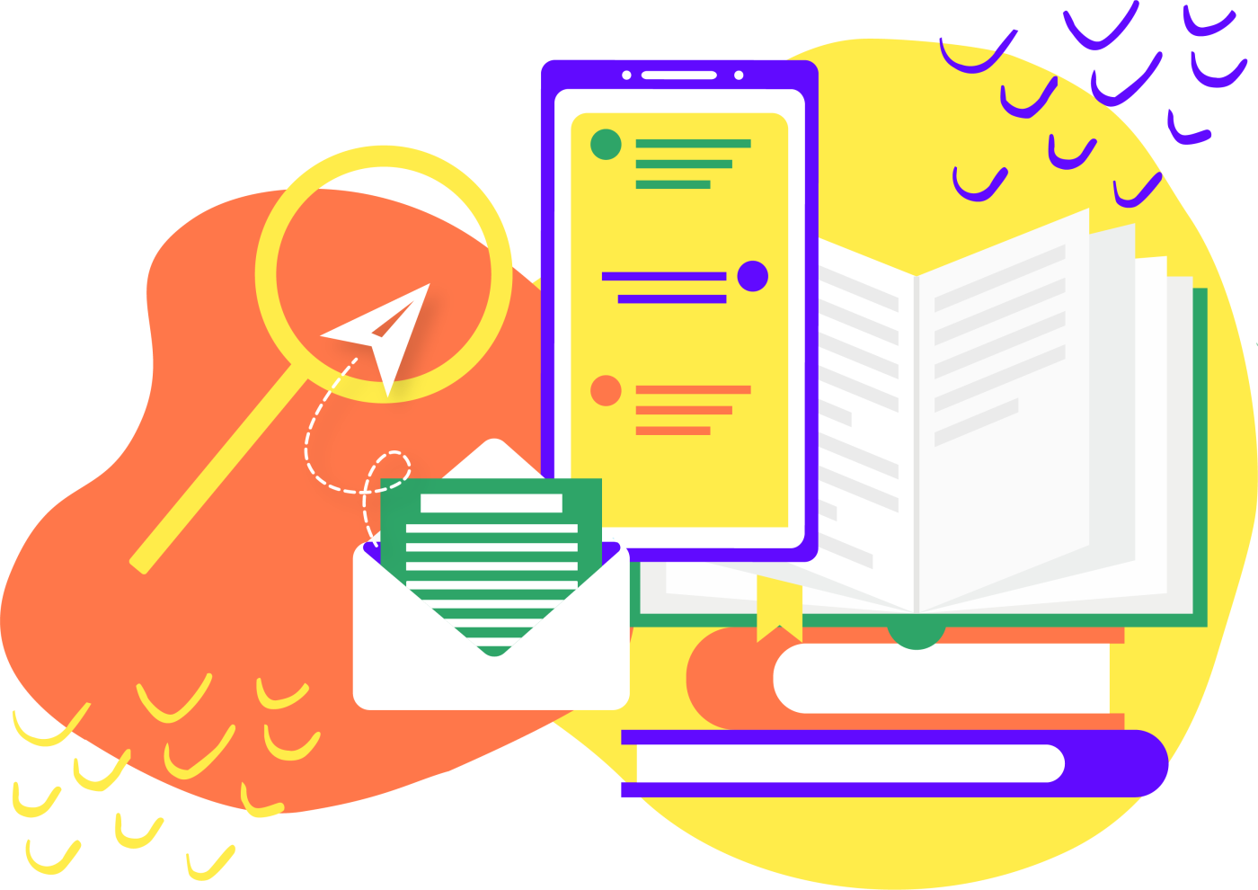 Ilustración de diferentes recursos agrupados, entre ellos un teléfono inteligente, un correo electrónico, libros y una lupa sobre fondo anaranjado y amarillo