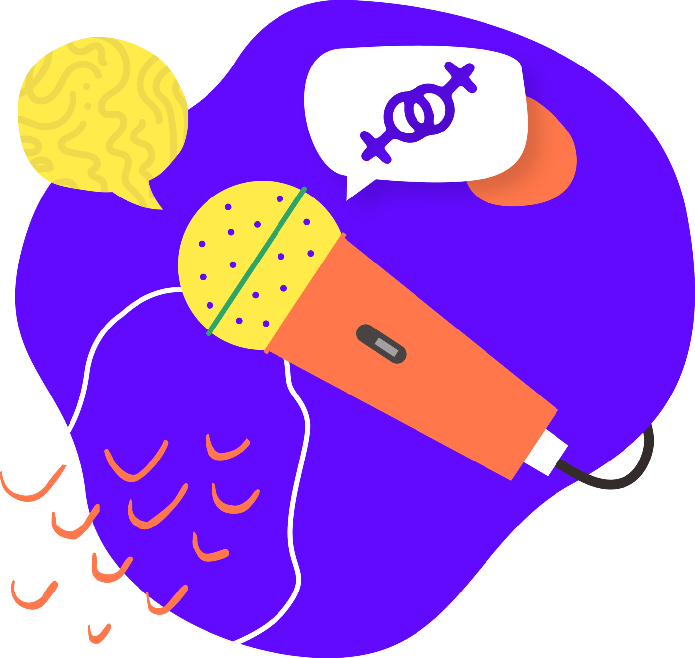 An illustrated microphone emits sounds, a speech bubble, and a speech bubble with interlocked symbols for men.