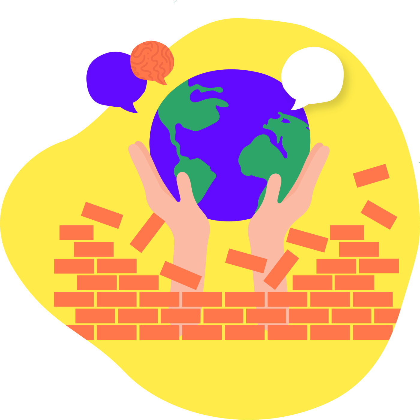 Two hands burst upwards through a brick wall, holding a purple and green globe of the earth with three speech bubbles coming out of the globe.