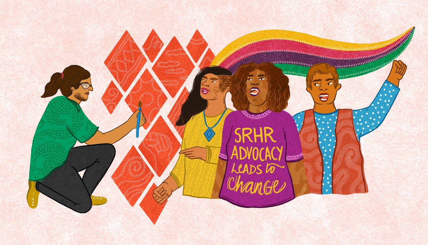 On the left a person with light skin with a taper on one side and long wavy hair on the other. Next to them, a person with brown curly hair, brown skin wearing a tee shirt that says ' SRHR Advocacy Leads to Change'. Next to them is a person with short brown hair with their hand raised in a fist. There is a colourful swish of yellow, pink, purple and green behind all of them.