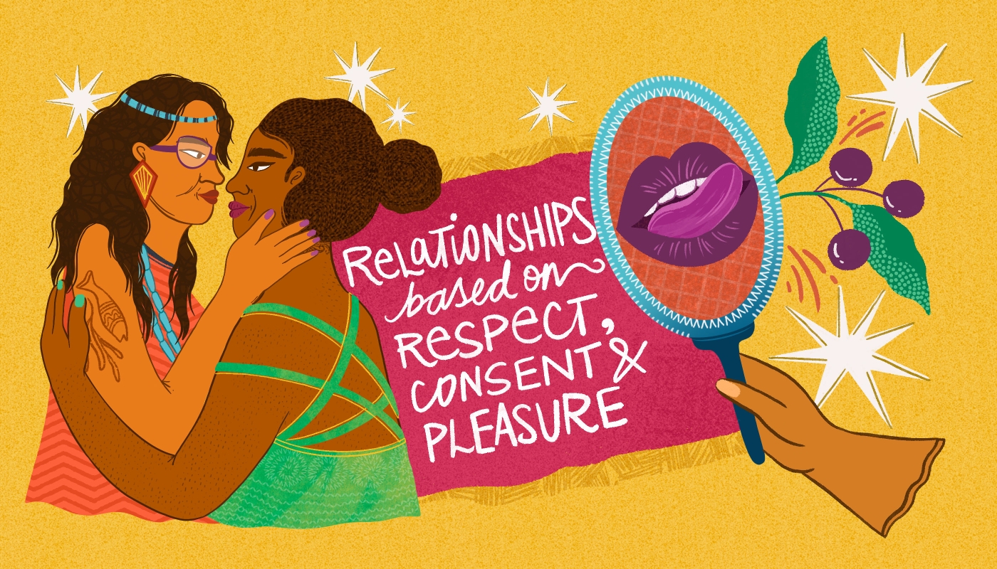 Illustration of two people holding each other intimately. The person on the right has dark brown skin, their hair in a bun, is wearing a green top. The person on the left has light skin, and is wearing an orange top, has a fish tattoo on their arm and is wearing beaded jewellery. The text next to them says 'Relationships based on respect, consent and pleasure'. Next to the text is a mirror with an illustration of someone licking their lips. Next to it - leaves and sparks bloom from the mirror.
