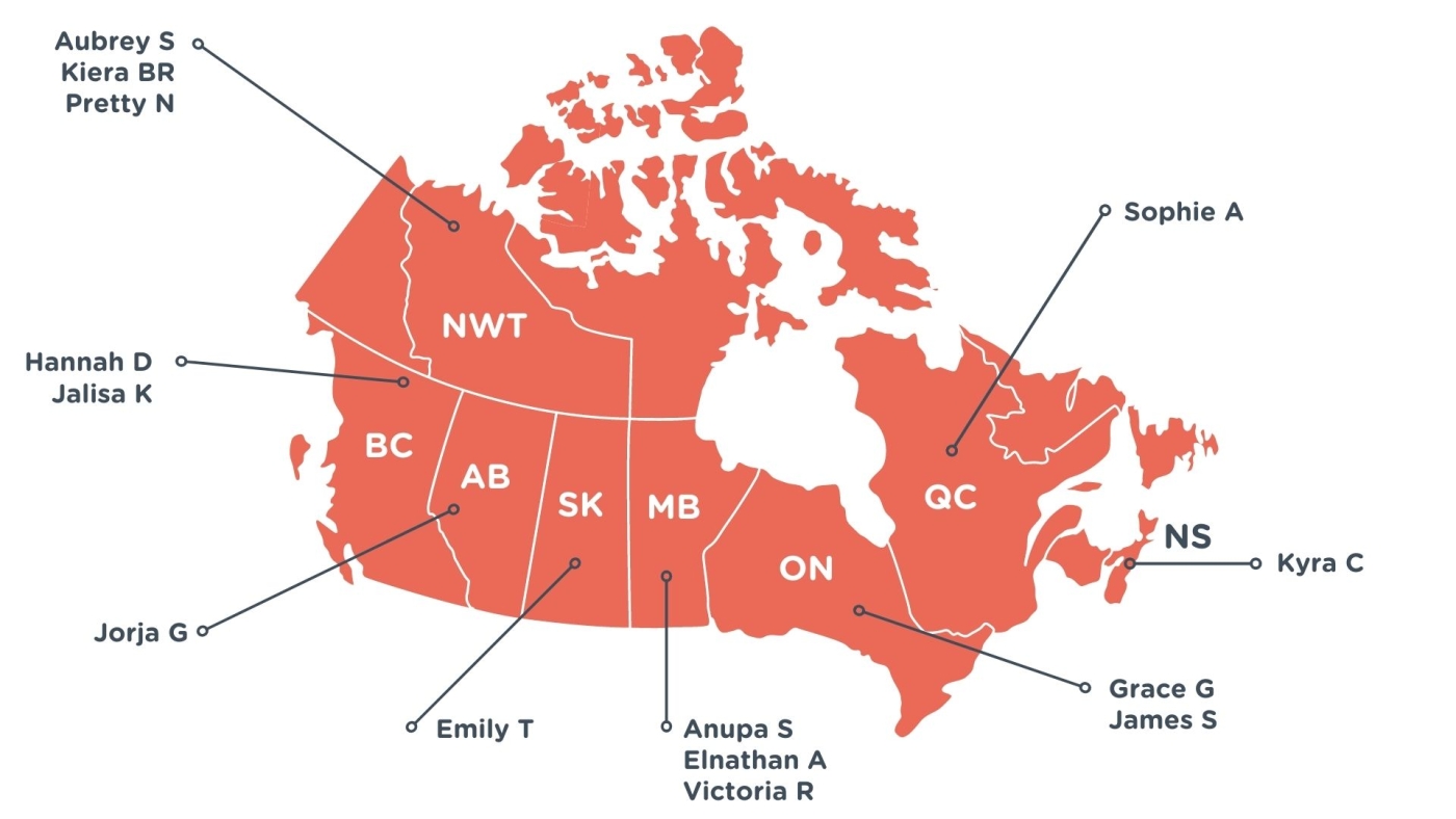Single colour map of Canada with names of NYAB members