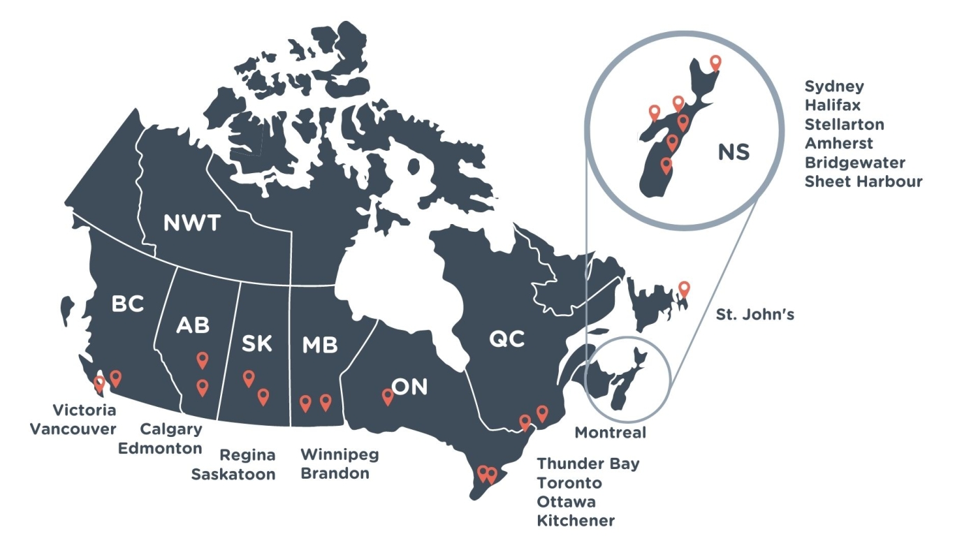 map of Canada with location markers in cities with associate orgs