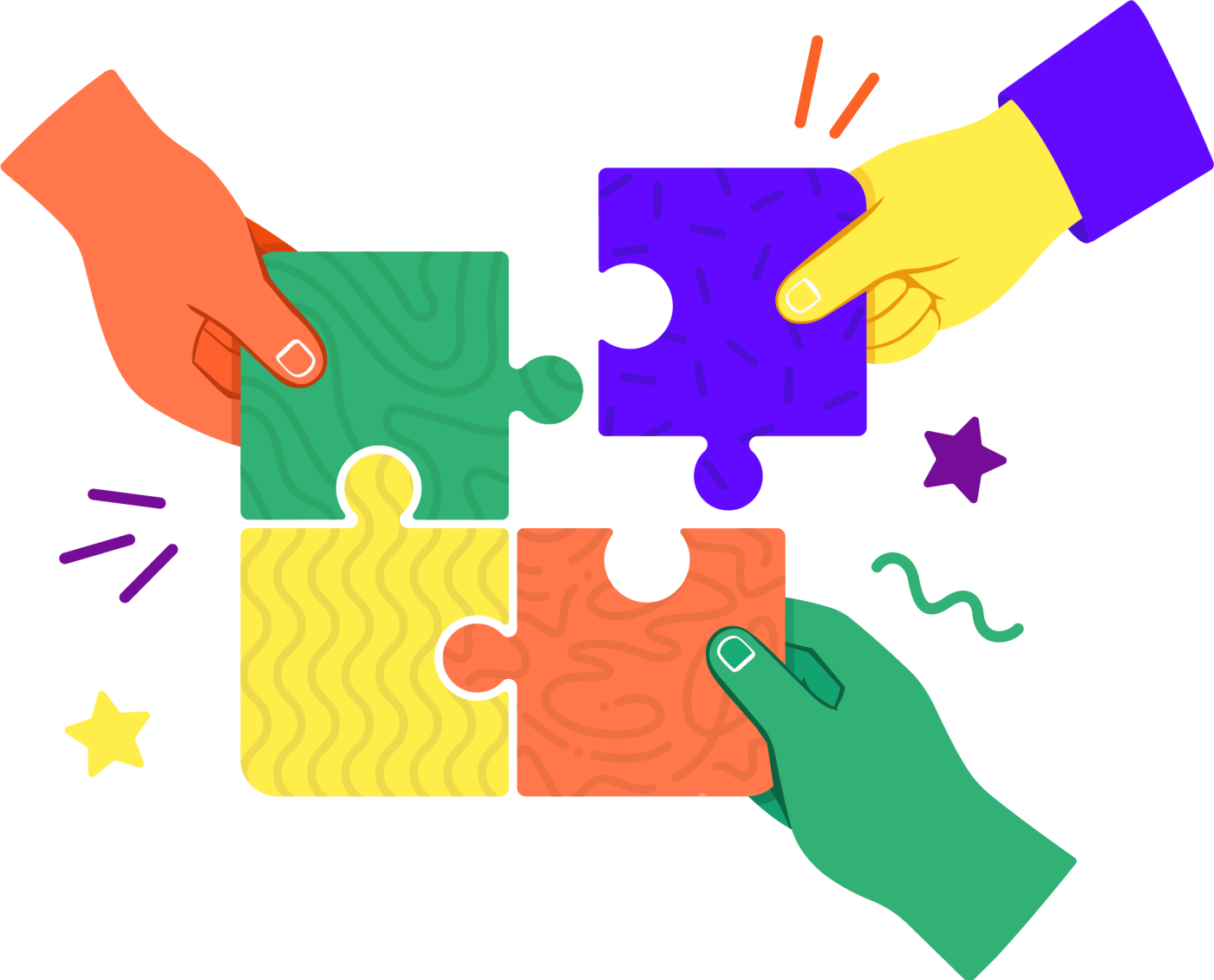Four hands putting puzzle pieces together
