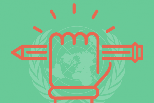 A fist holding a pencil in front of the United Nations logo.