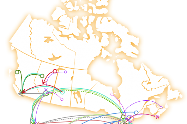 A map of canada showing the distances that women need to travel for access to abortion services.
