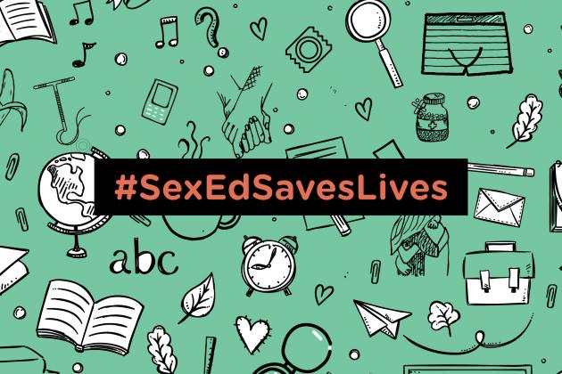 Doodles representing school and sex-ed with the word #SexEdSavesLives