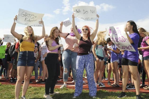 Over a hundred of students at M.M. Robinson High School in Burlington, Ont., walked out of class last year as they joined thousands of other students province- wide in a student-led walkout protesting the provincial government's repeal of the 2015 sex-education curriculum. Graham Paine/Metroland