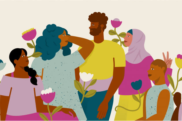 People representing diverse backgroundes gathered together surrounded by flowers