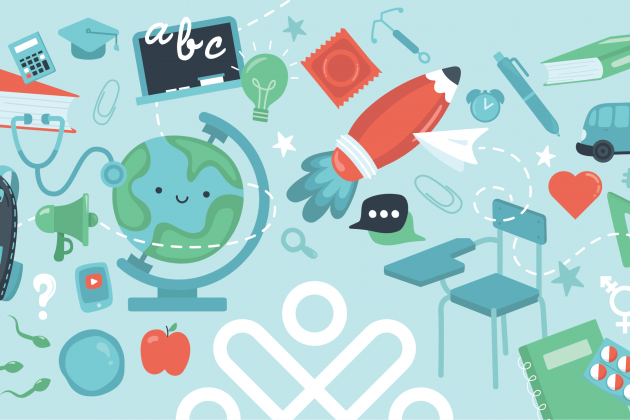 A blue banner with images related to school and sex-ed, including a globe, the trans symbol, a school bus, a laptop, a backpack, and an apple