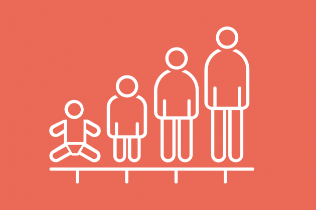 Illustration of different aged people on a coral background