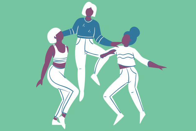 Illustration of three people dancing on a mint green background