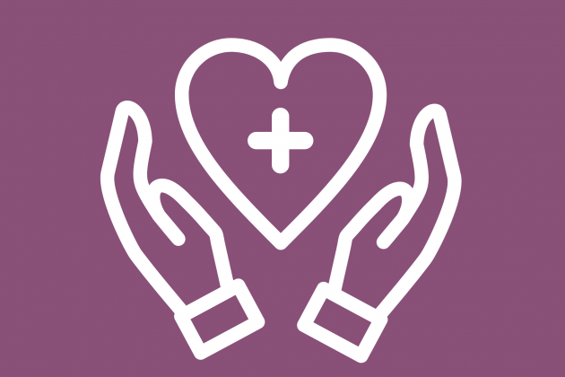 Illustration of two hands holding a heart on a purple background