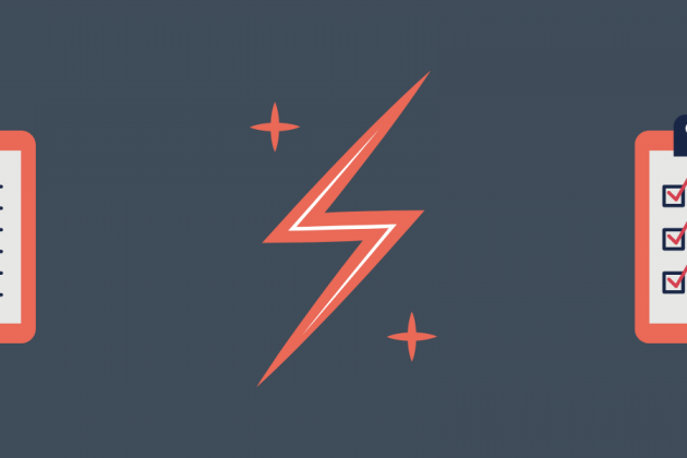Illustration of a clipboard, lightening bolt, and another clipboard side-by-side on a dark grey background