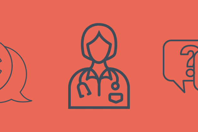 Vector image of a doctor with text bubbles on either side of them