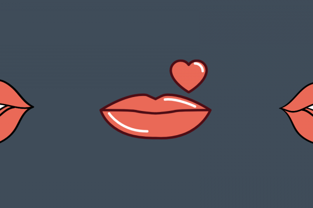 Three pairs of coral lips on a dark grey background