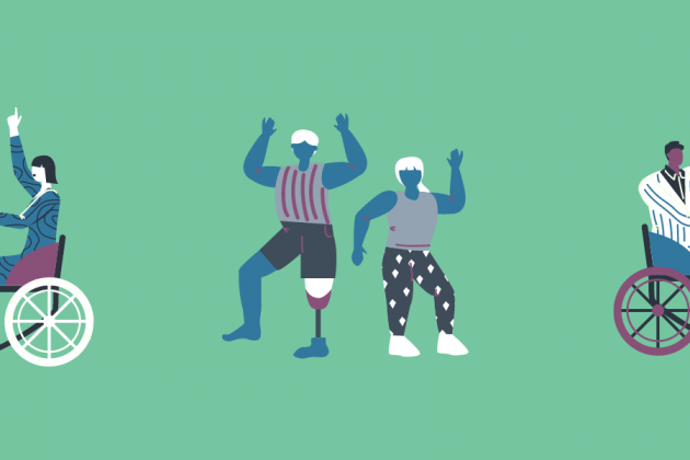 Illustrations of differently abled people dancing on a mint green background