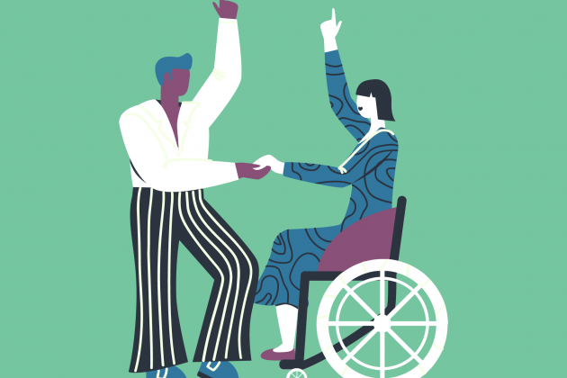 Illustration of two people dancing. One is standing up and the other person is in a wheelchair