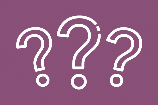 Three question marks on an eggplant purple background
