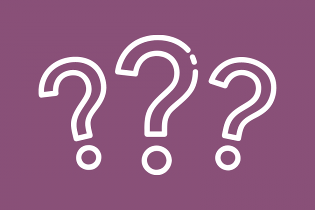 Three question marks on an eggplant purple background