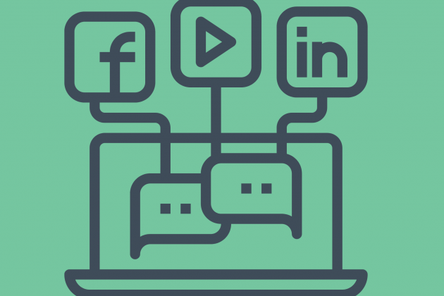 A vector illustration of a laptop with chat bubbles on the screen, and the icons for Facebook, Twitter, and LinkedIn popping out of the chat bubbles
