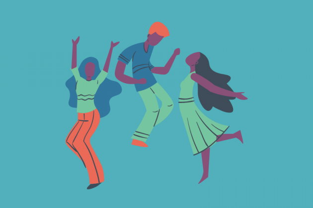 Illustration of three people dancing on a turquoise background