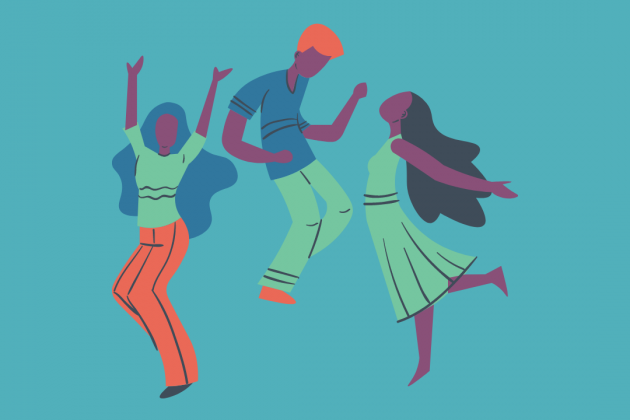 Illustration of three people dancing on a turquoise background