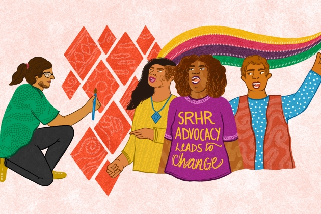 On the left a person with light skin with a taper on one side and long wavy hair on the other. Next to them, a person with brown curly hair, brown skin wearing a tee shirt that says ' SRHR Advocacy Leads to Change'. Next to them is a person with short brown hair with their hand raised in a fist. There is a colourful swish of yellow, pink, purple and green behind all of them.