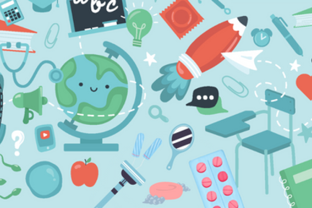 Various illustrations of teen related items on a blue background.