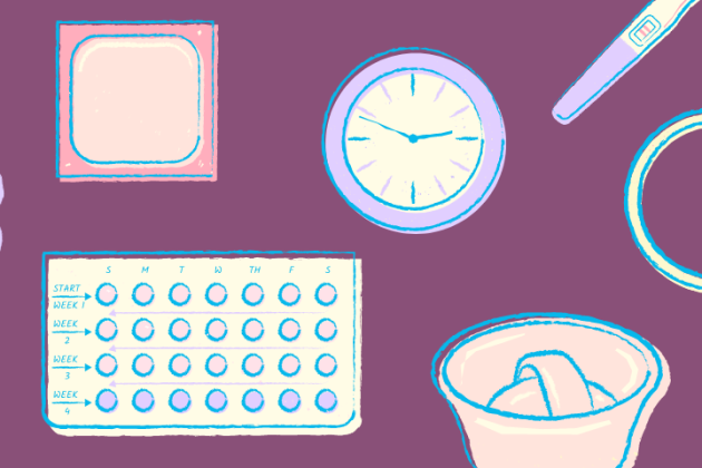 Illustration of different contraceptive methods on a dark purple background