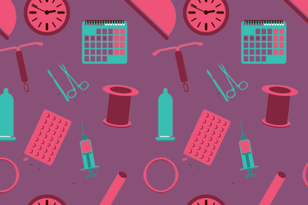 various birth control methods laid out in a pattern on a purple background