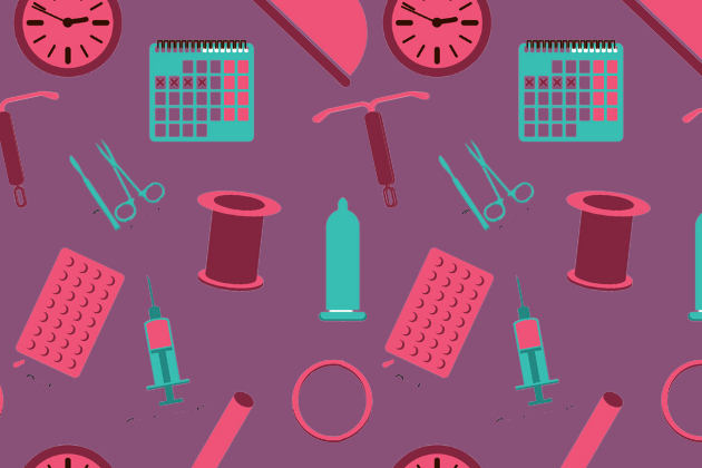 various birth control methods laid out in a pattern on a purple background