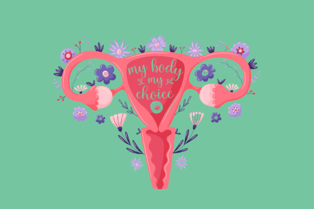 illustration of a uterus with the words "my body, my choice"