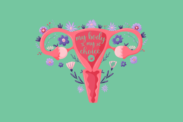 illustration of a uterus with the words "my body, my choice"