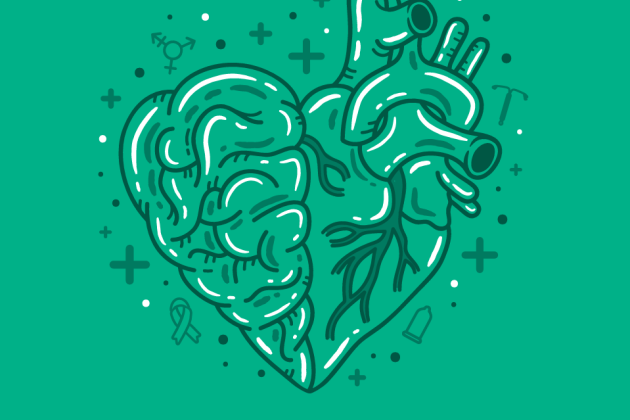 An illustration of an anatomical heart and brain in the share of a hear in green.