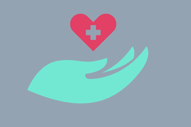an illustration of a heart with a medical cross in it floating above a cupped hand