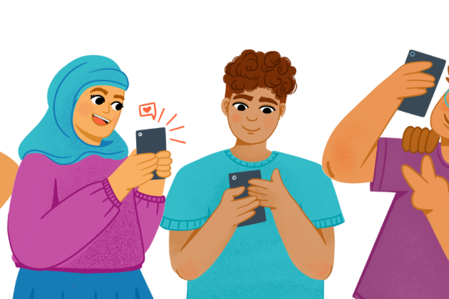 illustrations of various characters on their phones