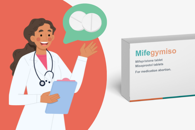 Illustration of Doctor with speech bubble and box of mifegymiso